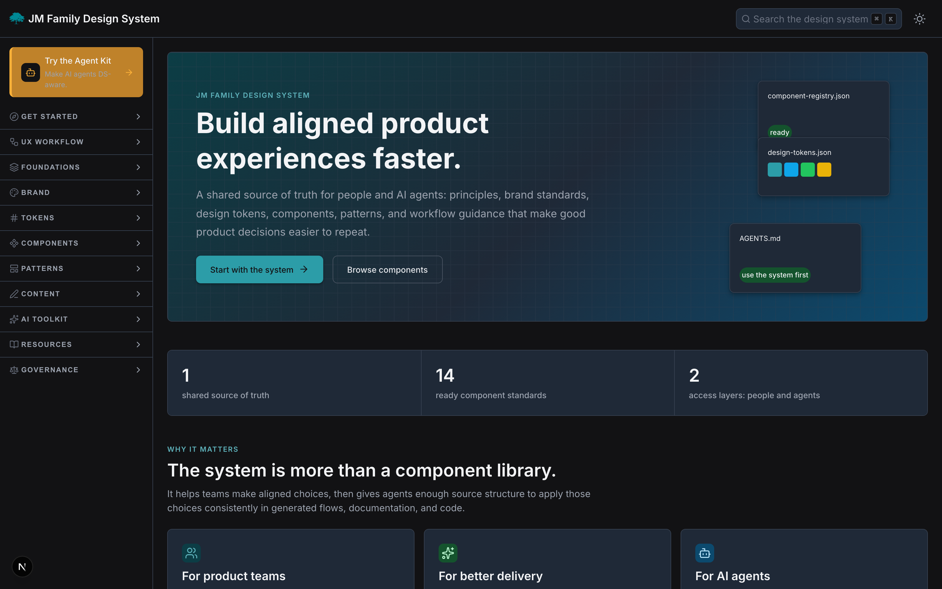 JM Family Design System home with one source of truth for people and AI agents