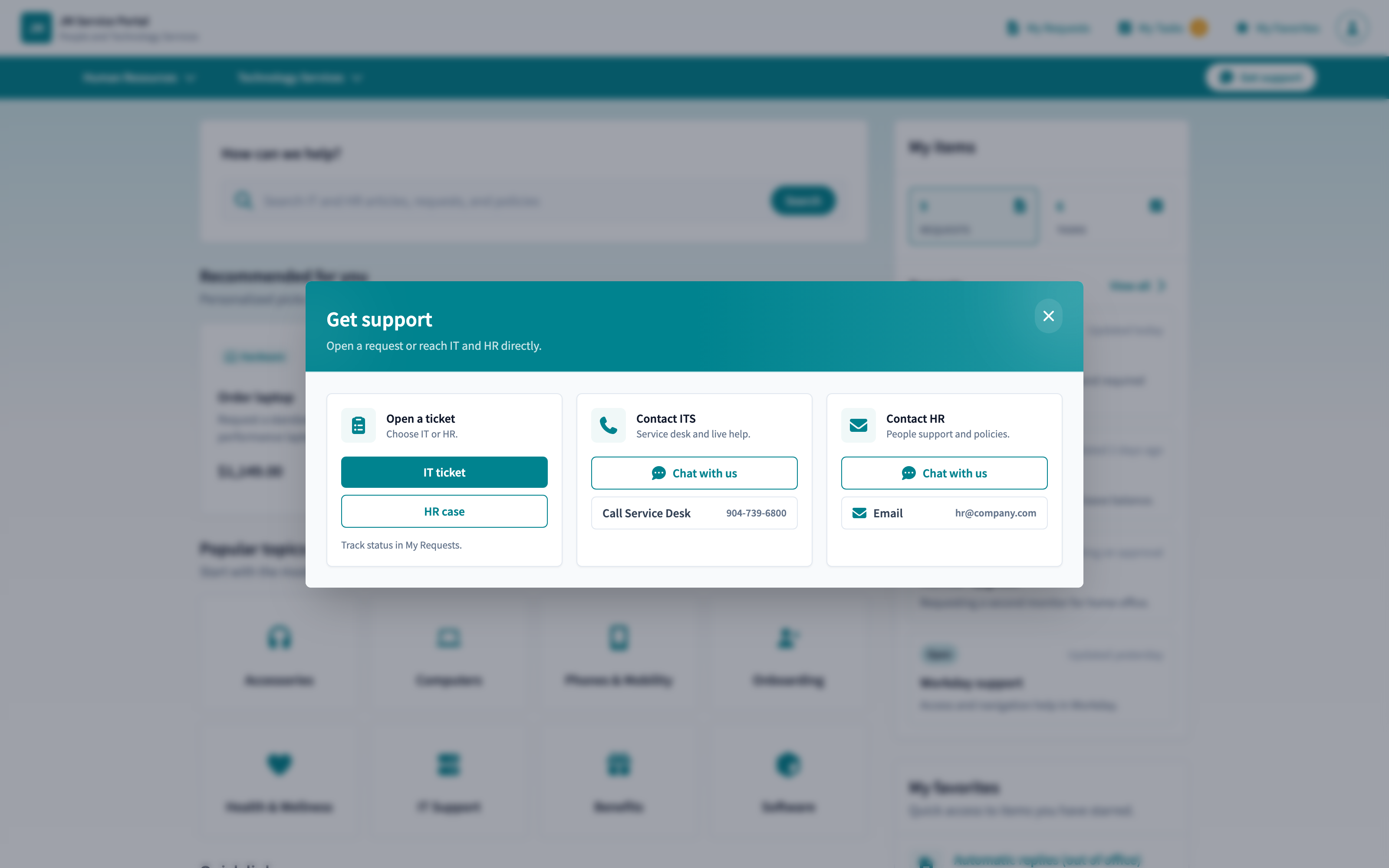 Get Support panel with options to open a ticket or contact IT and HR directly
