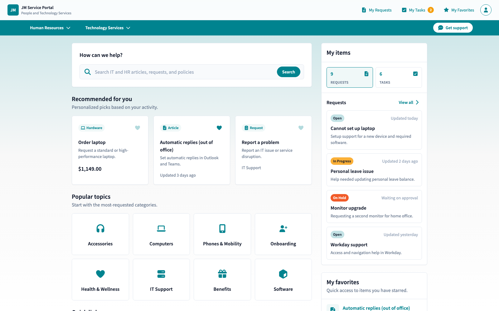 Employee Center home with hero search, recommended items, and popular topics